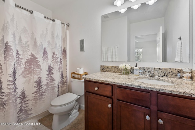 bathroom featuring toilet, tile patterned flooring, and vanity