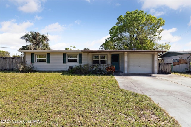 ranch-style house featuring concrete driveway, a front lawn, an attached garage, and fence