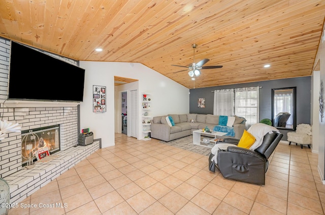 tiled living room with ceiling fan, lofted ceiling, wooden ceiling, and a fireplace