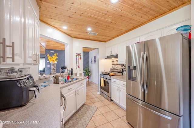 kitchen with white cabinetry, wood ceiling, stainless steel appliances, and light tile patterned floors