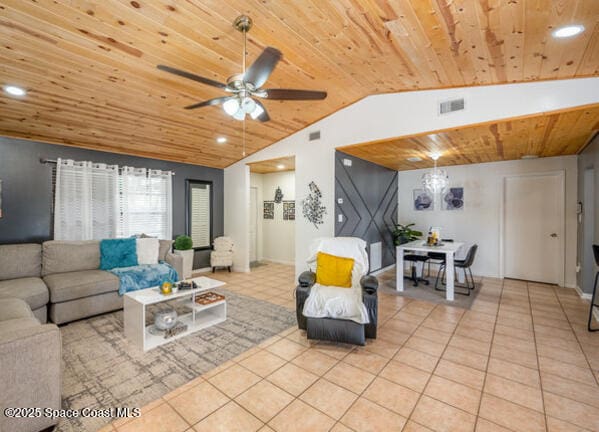 tiled living room with ceiling fan, lofted ceiling, and wooden ceiling