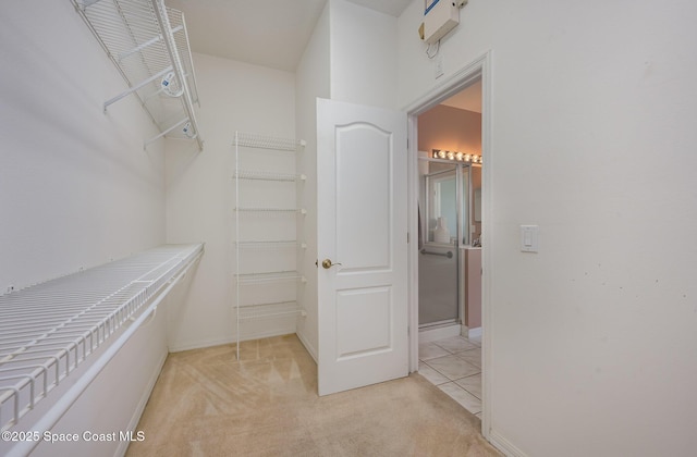 spacious closet featuring light carpet