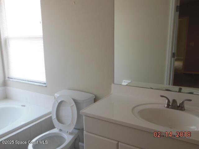 bathroom with vanity, a bathtub, and toilet