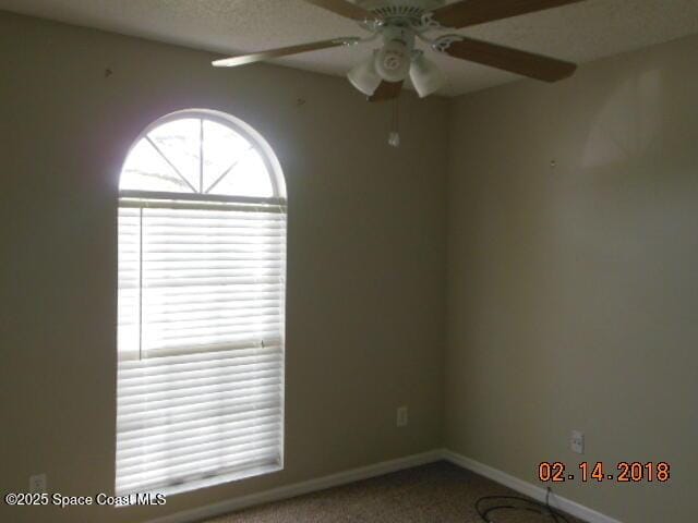 unfurnished room featuring ceiling fan, carpet, and a wealth of natural light