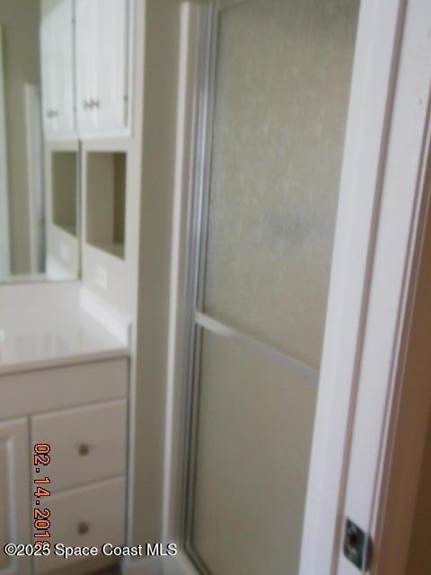 bathroom featuring vanity and a shower with shower door