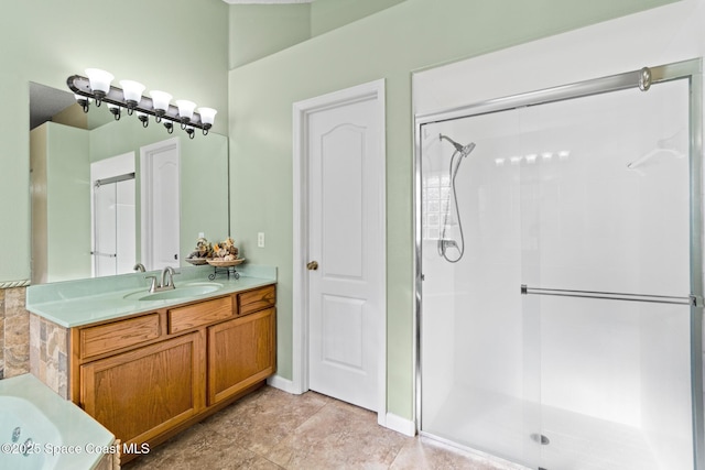 full bath with a garden tub, a stall shower, and vanity