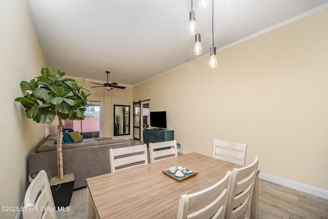 dining room featuring crown molding, a barn door, light wood-style floors, ceiling fan, and baseboards