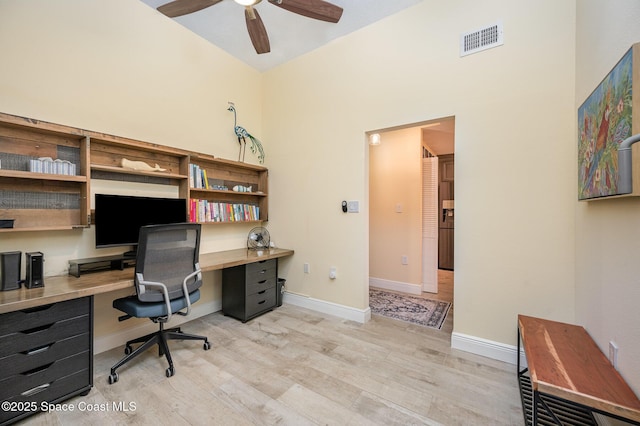 office with baseboards, ceiling fan, visible vents, and light wood-style floors