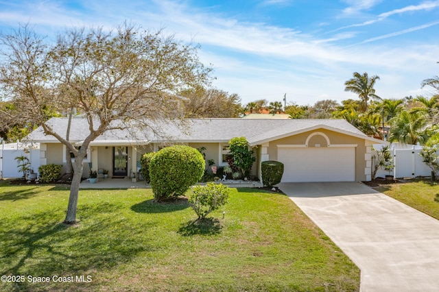 view of front of home featuring concrete driveway, an attached garage, fence, a front lawn, and stucco siding