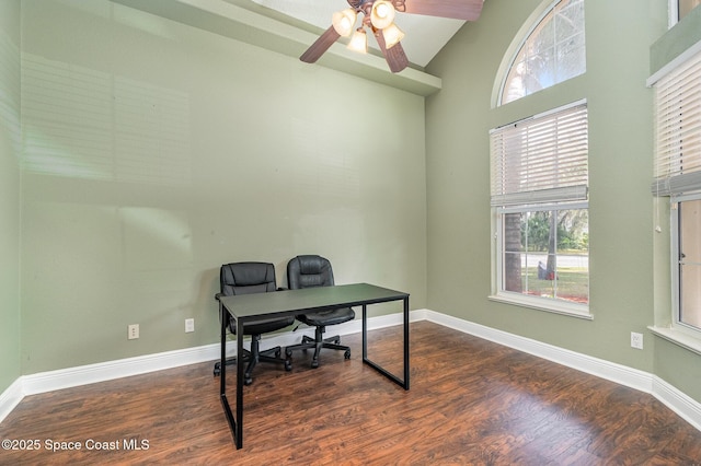 office space featuring high vaulted ceiling, dark hardwood / wood-style floors, and ceiling fan