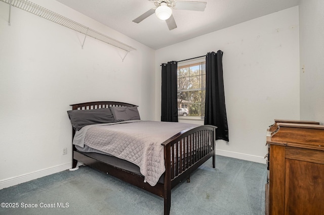 bedroom with ceiling fan and carpet floors