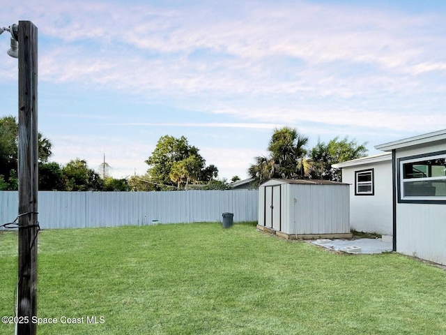 view of yard featuring a storage unit