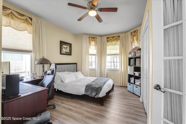 bedroom featuring multiple windows, ceiling fan, and light wood-type flooring