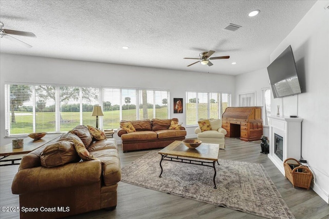 living room with hardwood / wood-style flooring, a textured ceiling, and ceiling fan