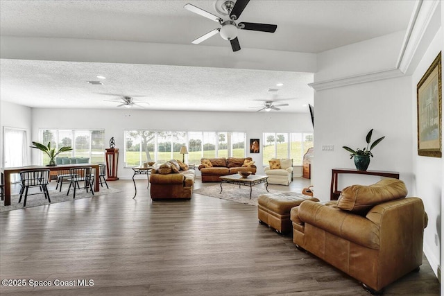 living room featuring dark hardwood / wood-style floors, a wealth of natural light, and a textured ceiling