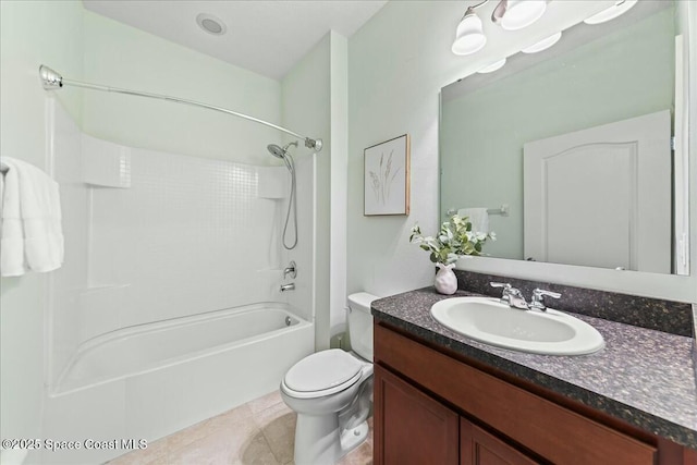 bathroom with tile patterned flooring, toilet, shower / tub combination, and vanity