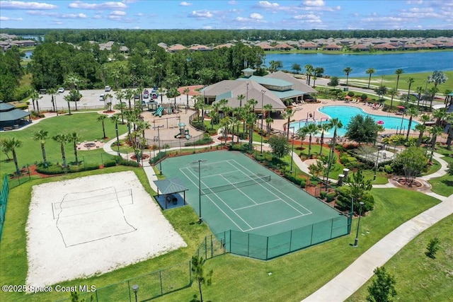bird's eye view with a water view