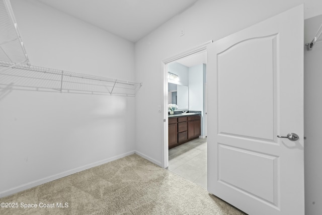 walk in closet with light carpet