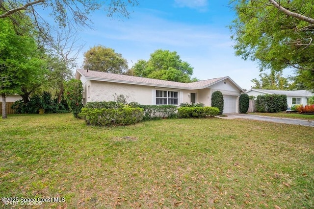 single story home featuring stucco siding, driveway, a front lawn, and a garage