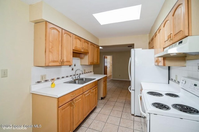 kitchen with a sink, decorative backsplash, light countertops, electric stove, and under cabinet range hood