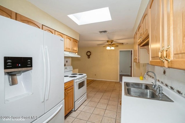 kitchen featuring visible vents, under cabinet range hood, decorative backsplash, white appliances, and a sink