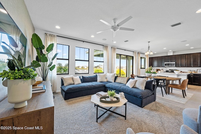 2496 Kamin Dr S, Melbourne, FL 32940 - living room featuring ceiling fan, sink, and a textured ceiling