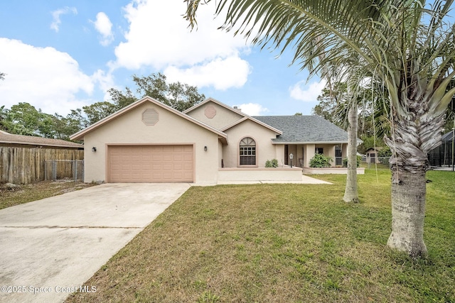 single story home with stucco siding, concrete driveway, an attached garage, a front yard, and fence