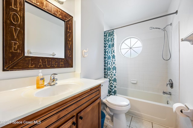 full bathroom featuring tile patterned flooring, vanity, shower / tub combo with curtain, and toilet