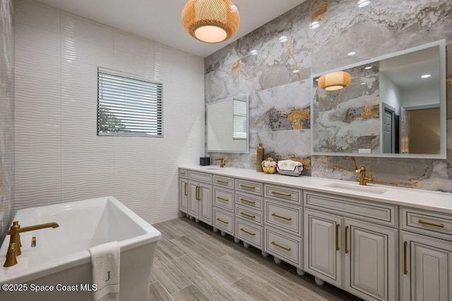 bathroom featuring tile walls, a washtub, and vanity