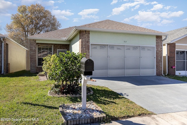 view of front of property featuring brick siding, an attached garage, concrete driveway, and a shingled roof