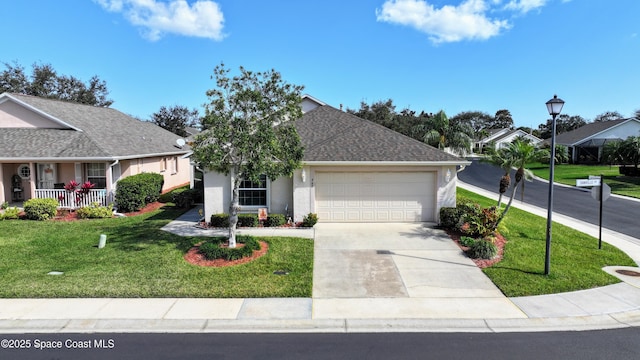 view of front of house featuring a garage, a porch, and a front yard