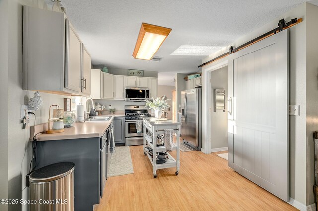 828 Parkwood Ave, Titusville, FL 32796 - kitchen featuring stainless steel appliances, a sink, light wood-style flooring, light countertops, and a barn door