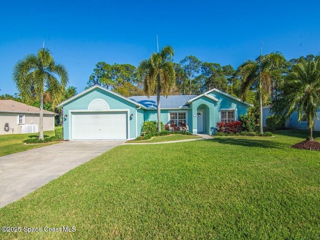 single story home with a garage and a front yard