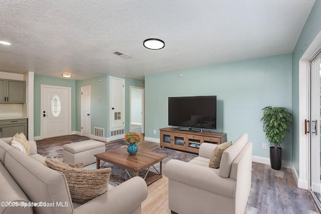 living room featuring a textured ceiling and light wood-type flooring