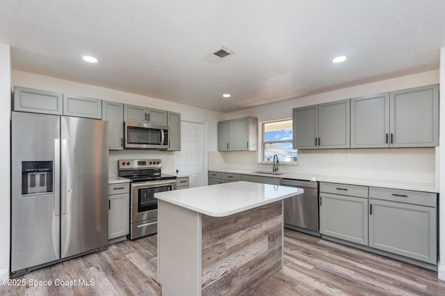 kitchen with gray cabinetry, appliances with stainless steel finishes, a kitchen island, and light wood-type flooring