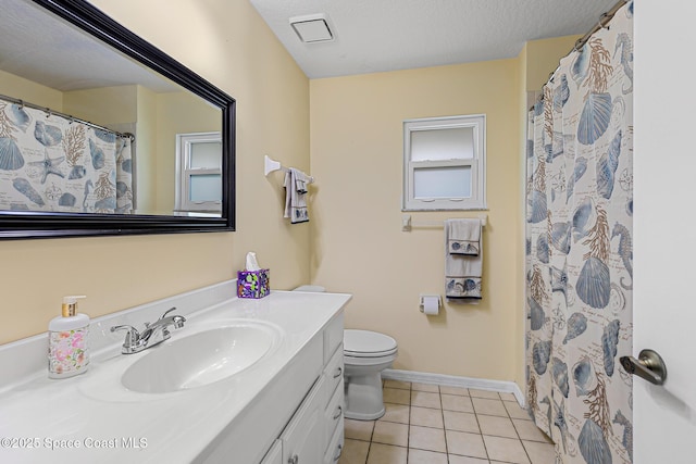 bathroom featuring vanity, walk in shower, toilet, tile patterned floors, and a textured ceiling