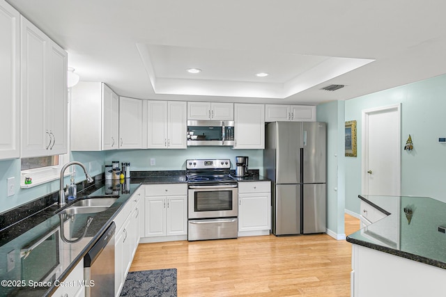 kitchen featuring white cabinetry, appliances with stainless steel finishes, a raised ceiling, and sink