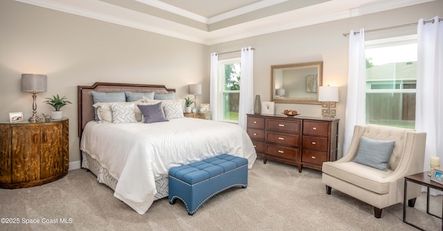 carpeted bedroom featuring ornamental molding