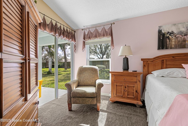 bedroom with lofted ceiling, dark carpet, and a textured ceiling