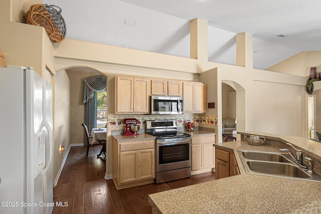 kitchen featuring light brown cabinetry, sink, vaulted ceiling, and appliances with stainless steel finishes