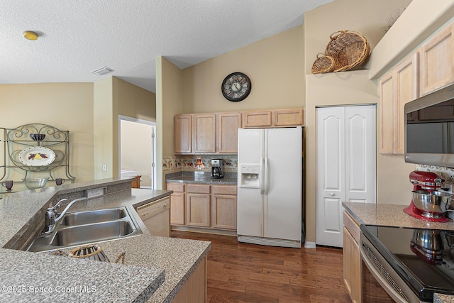 kitchen featuring appliances with stainless steel finishes, sink, light brown cabinets, and dark hardwood / wood-style flooring