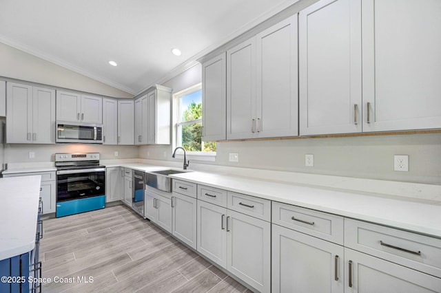 kitchen featuring a sink, vaulted ceiling, appliances with stainless steel finishes, wood tiled floor, and crown molding