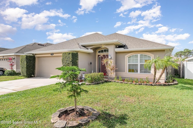 ranch-style house featuring an attached garage, a front lawn, concrete driveway, and stucco siding