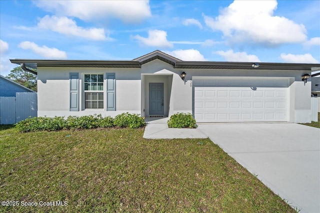 ranch-style house featuring driveway, an attached garage, fence, a front yard, and stucco siding