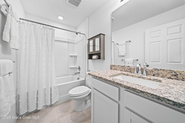 bathroom featuring visible vents, toilet, tile patterned floors, shower / bathtub combination with curtain, and vanity