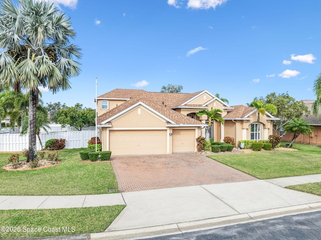 view of front of home featuring a garage, stucco siding, fence, decorative driveway, and a front yard