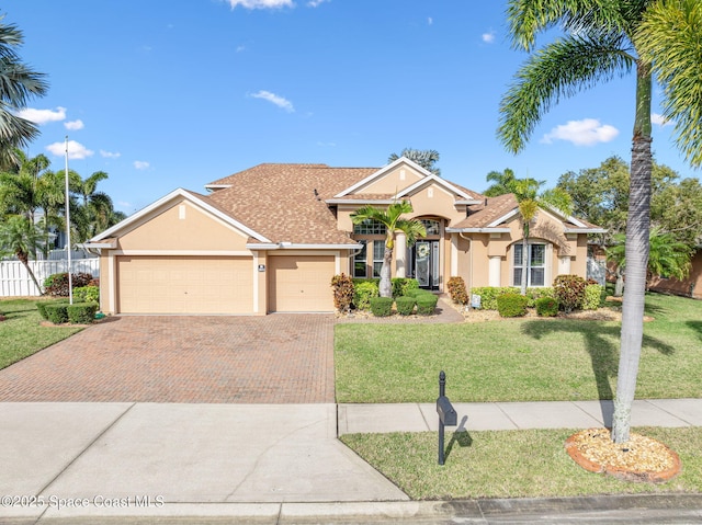 mediterranean / spanish home with an attached garage, fence, decorative driveway, a front lawn, and stucco siding