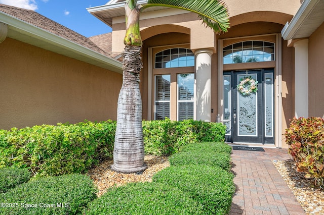 doorway to property featuring stucco siding