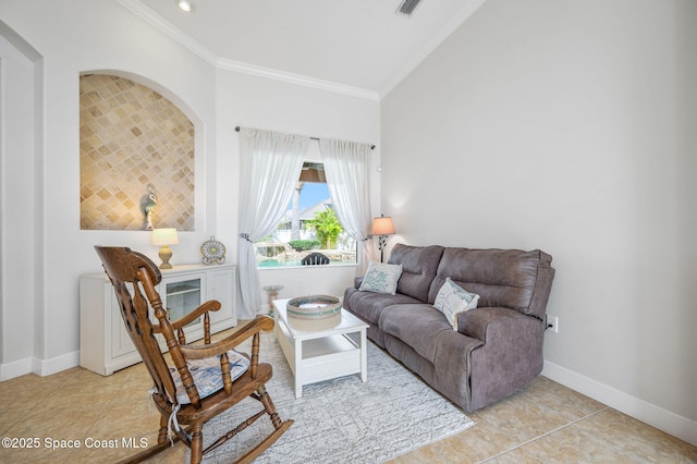 living room with light tile patterned floors, baseboards, visible vents, and ornamental molding