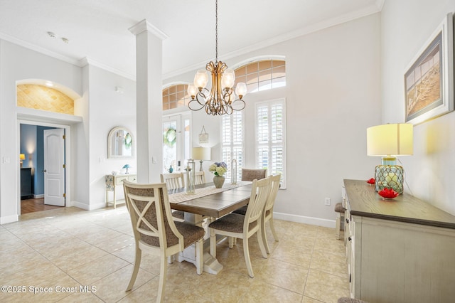 dining room with light tile patterned floors, crown molding, baseboards, french doors, and an inviting chandelier